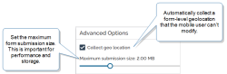 Advanced Options section with "Collect geo location" enabled to automatically collect a location that the user can't change. Also shows the maximum form submission size set to the recommended 2.00 MB.